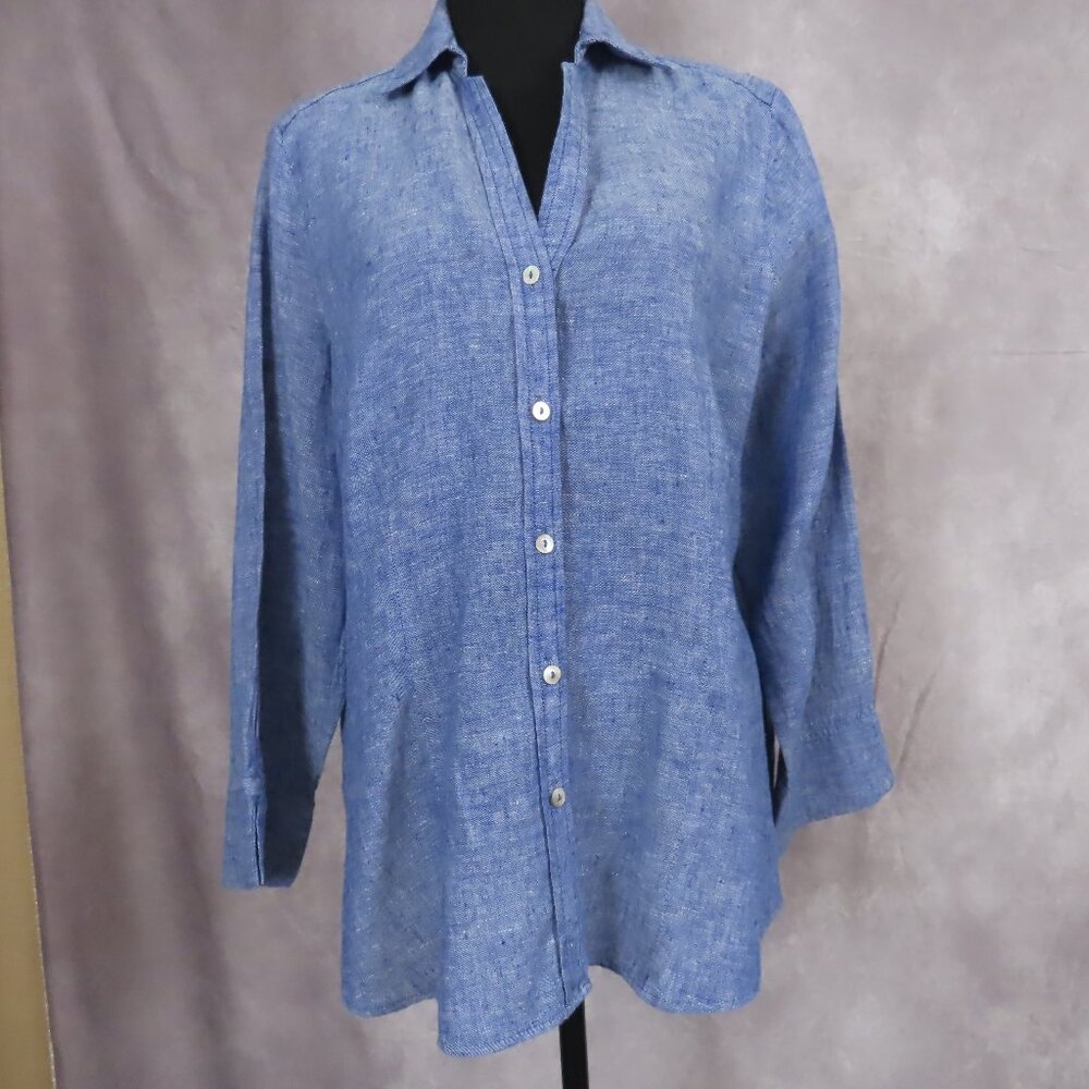 Foxcroft NYC Women’s Linen Button Down Shirt Blue Split Neck Side Slit Blouse